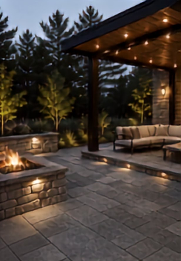 Stone patio with a fire pit and covered outdoor seating at dusk