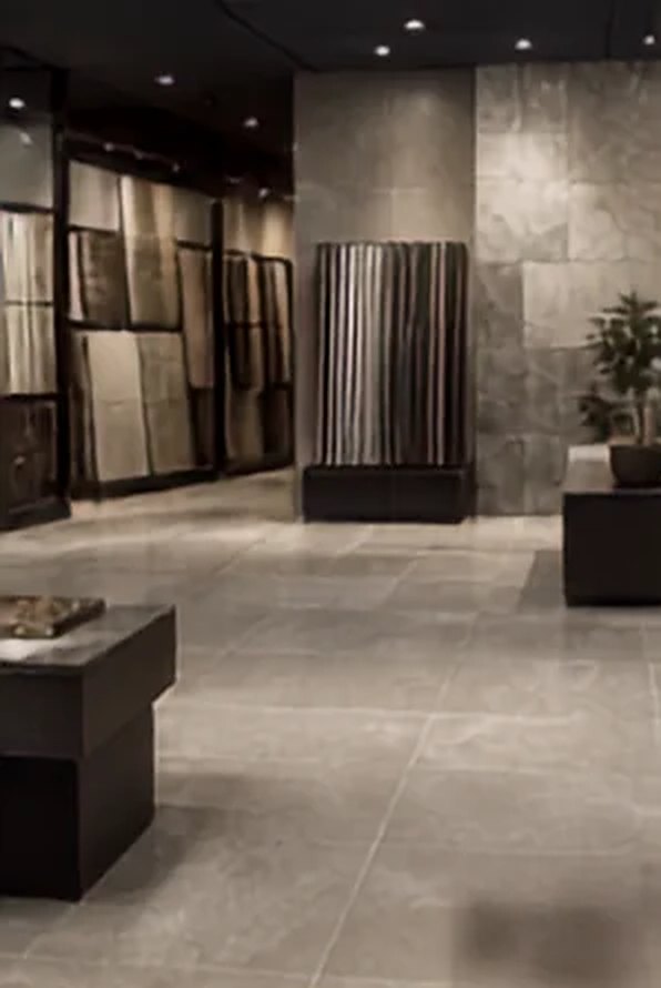 Showroom with large-format stone-look floor tile and sample displays